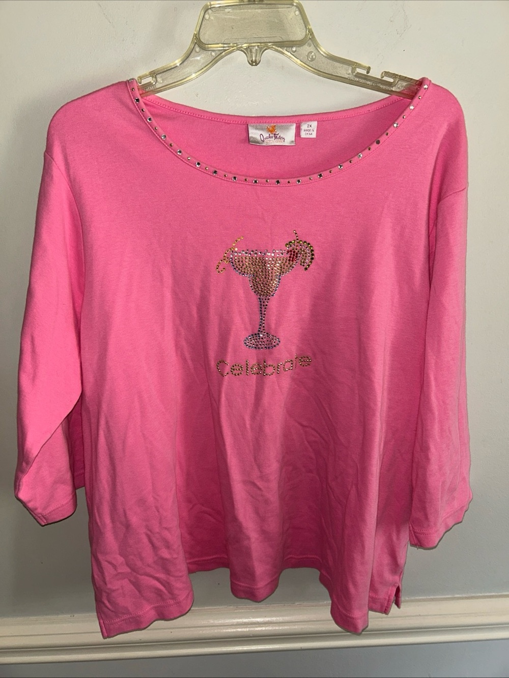 Quacker Factory Pink Rhinestone 'Celebrate' Long Sleeve Top